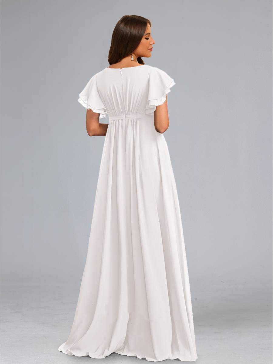 A-Line/Princess Scoop Flutter Sleeves Ruched Baby Shower Wedding Dresses with Sash