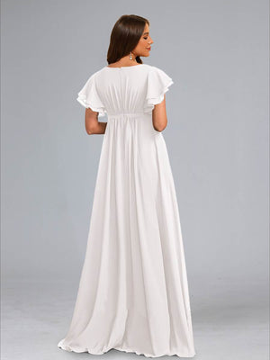 A-Line/Princess Scoop Flutter Sleeves Ruched Baby Shower Wedding Dresses with Sash
