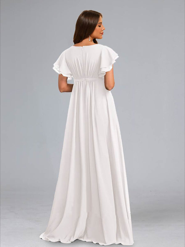 A-Line/Princess Scoop Flutter Sleeves Ruched Baby Shower Wedding Dresses with Sash
