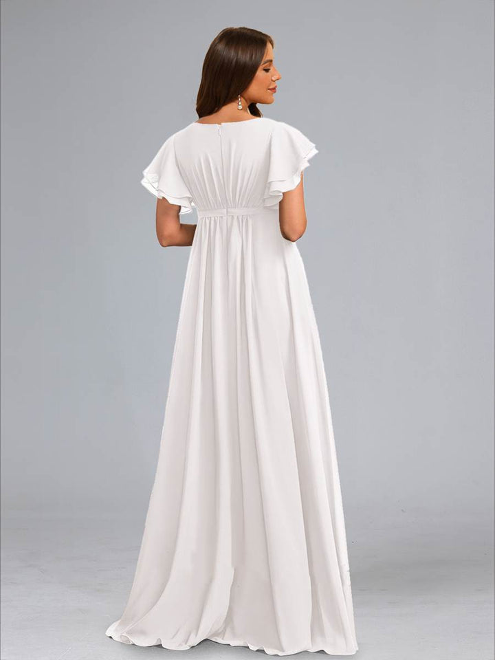 A-Line/Princess Scoop Flutter Sleeves Ruched Maternity Wedding Dresses with Sash