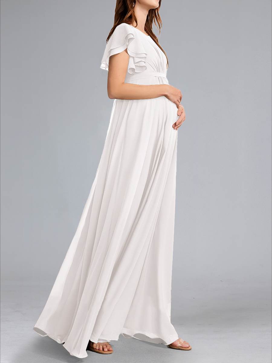 A-Line/Princess Scoop Flutter Sleeves Ruched Maternity Wedding Dresses with Sash