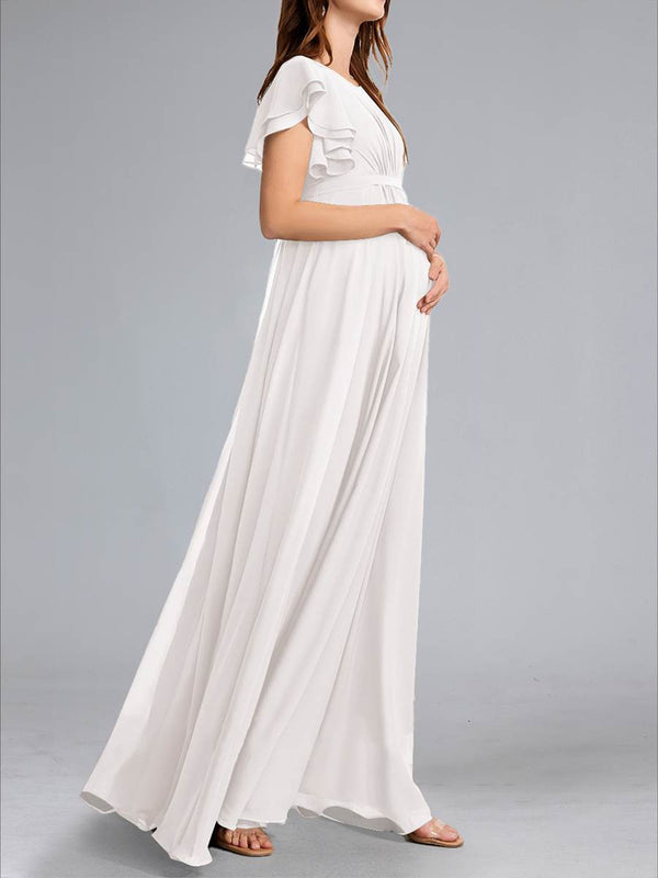 A-Line/Princess Scoop Flutter Sleeves Ruched Baby Shower Wedding Dresses with Sash