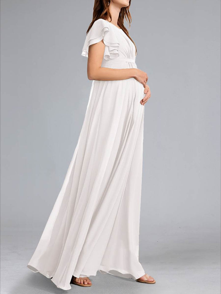 A-Line/Princess Scoop Flutter Sleeves Ruched Maternity Wedding Dresses with Sash