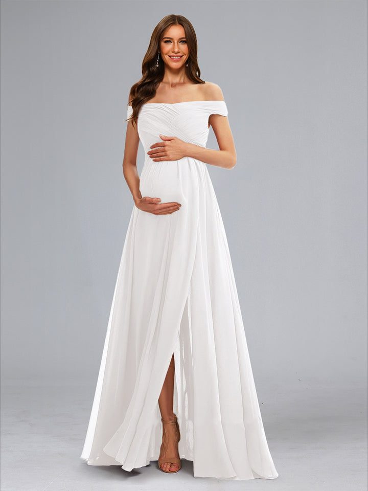 A-Line/Princess Off-the-Shoulder Sleeveless Ruched Formal Maternity Wedding Dresses
