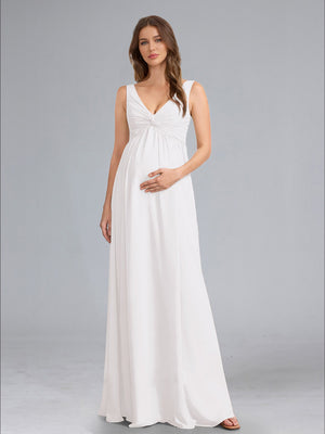 A-Line/Princess V-Neck Sleeveless Ruched Floor-Length Baby Shower Wedding Dresses