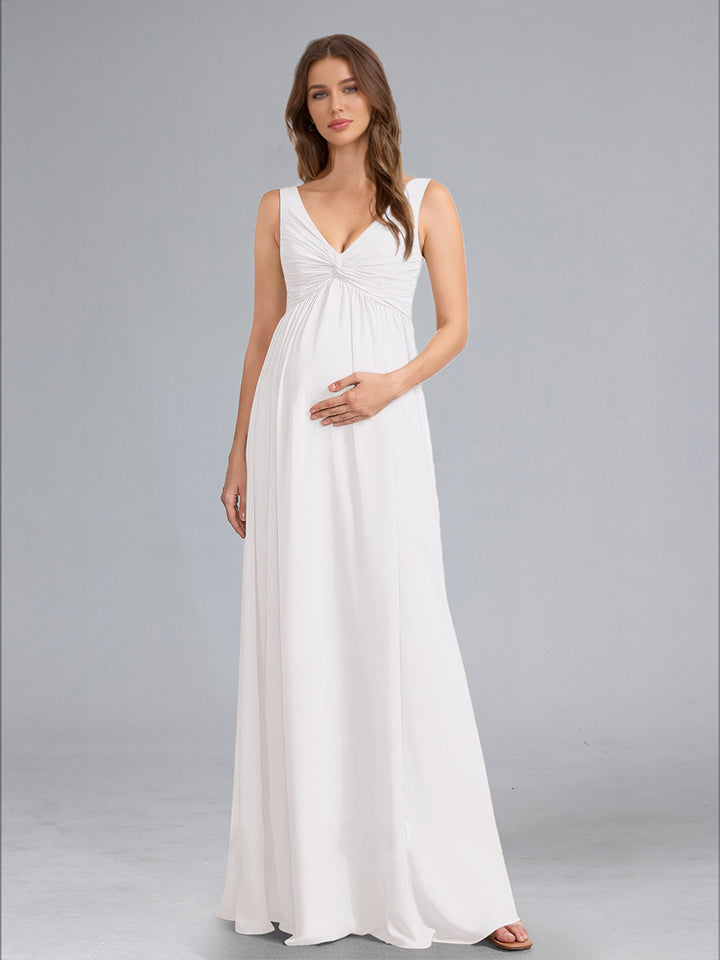 A-Line/Princess V-Neck Sleeveless Ruched Floor-Length Maternity Wedding Dresses