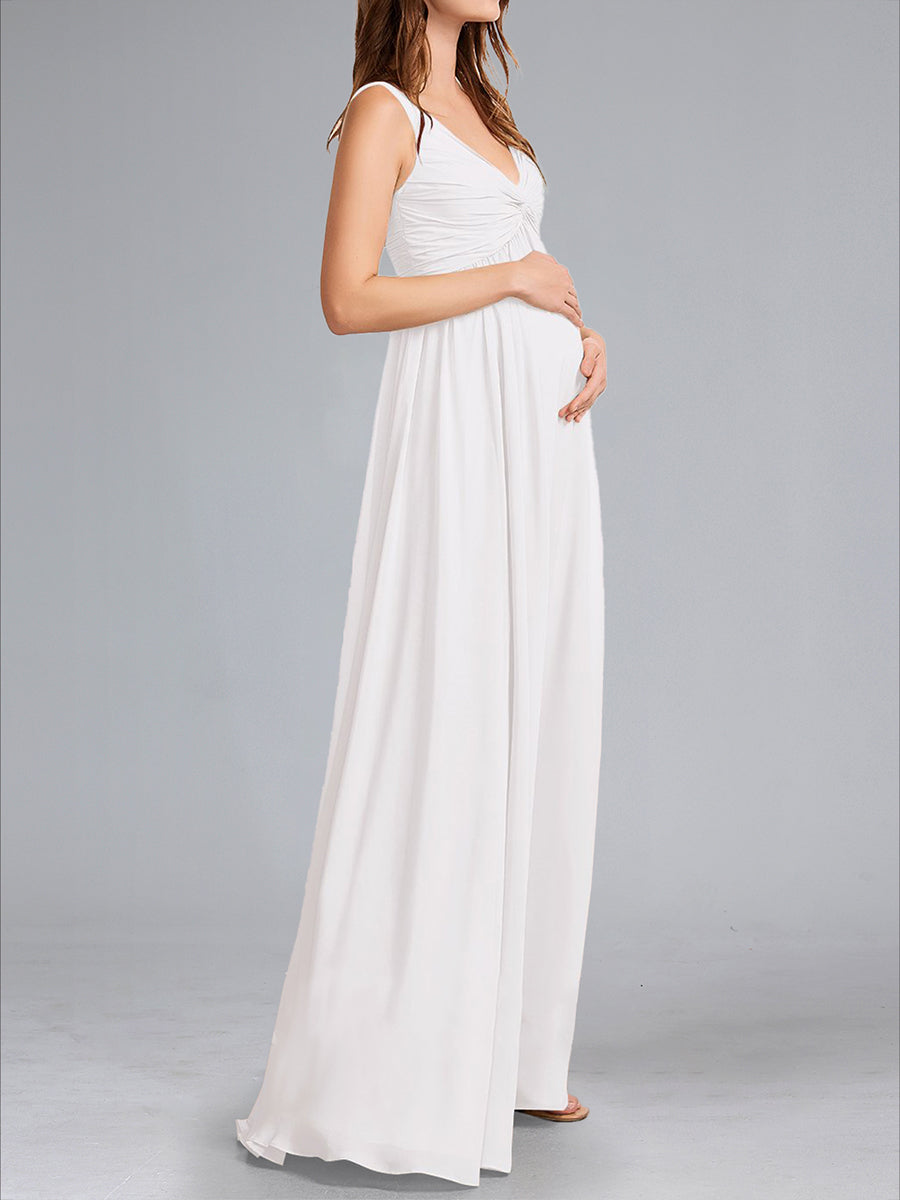 A-Line/Princess V-Neck Sleeveless Ruched Floor-Length Maternity Wedding Dresses