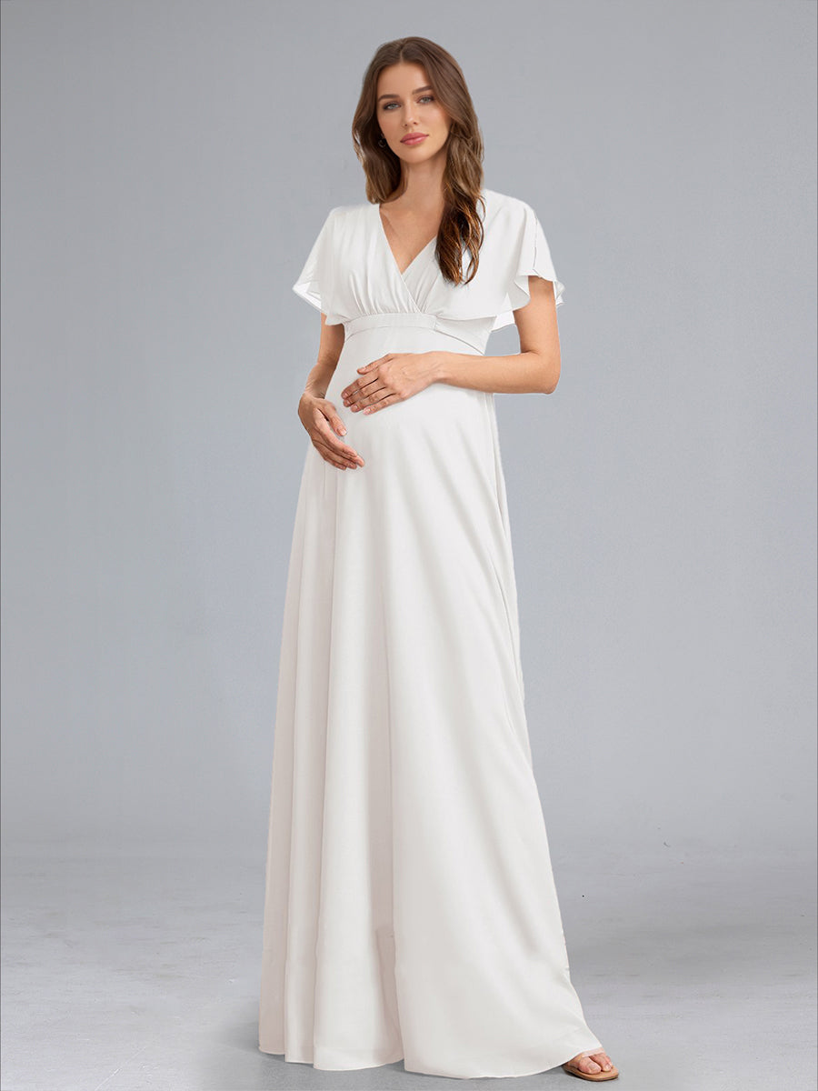 A-Line/Princess V-Neck Flutter Sleeves Ruched Stylish Maternity Wedding Dresses