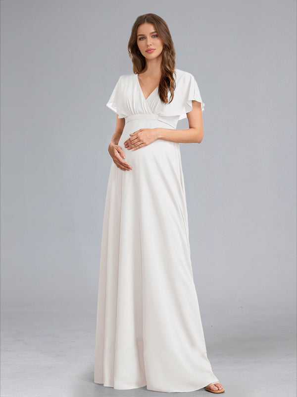 A-Line/Princess V-Neck Flutter Sleeves Ruched Stylish Baby Shower Wedding Dresses
