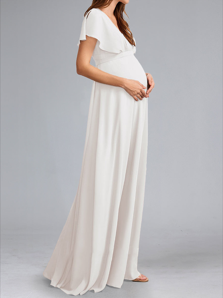 A-Line/Princess V-Neck Flutter Sleeves Ruched Stylish Maternity Wedding Dresses