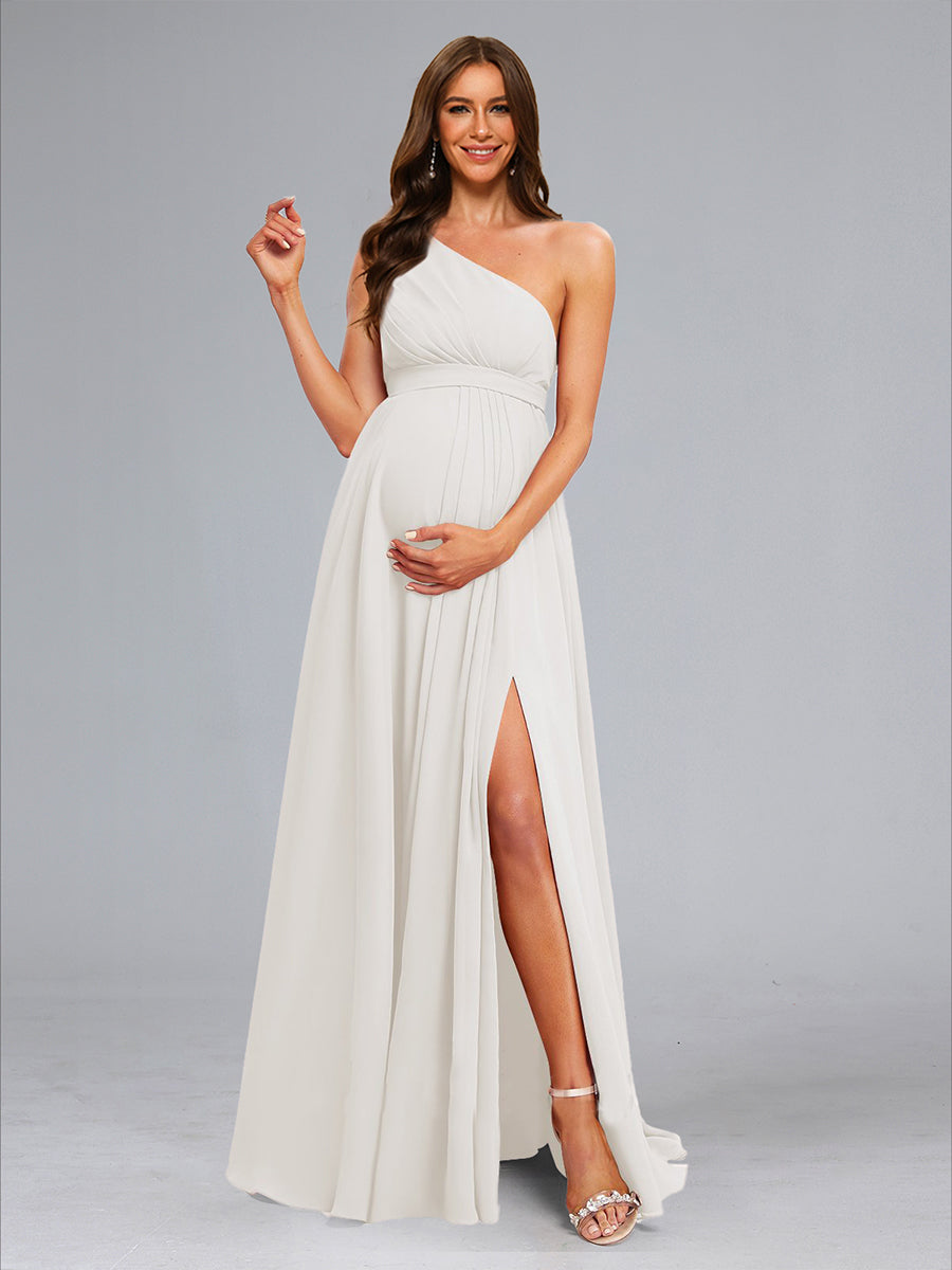 A-Line/Princess One-Shoulder Ruched Long Chiffon Baby Shower Wedding Dresses with Split Side