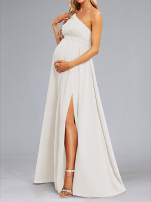 A-Line/Princess One-Shoulder Ruched Long Chiffon Baby Shower Wedding Dresses with Split Side