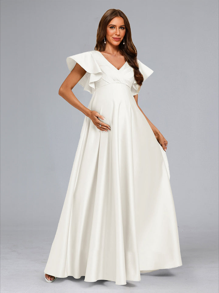 A-Line/Princess V-Neck Short Sleeves Long Elegant Maternity Wedding Dresses with Ruffles