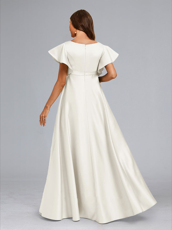 A-Line/Princess V-Neck Short Sleeves Long Elegant Maternity Wedding Dresses with Ruffles