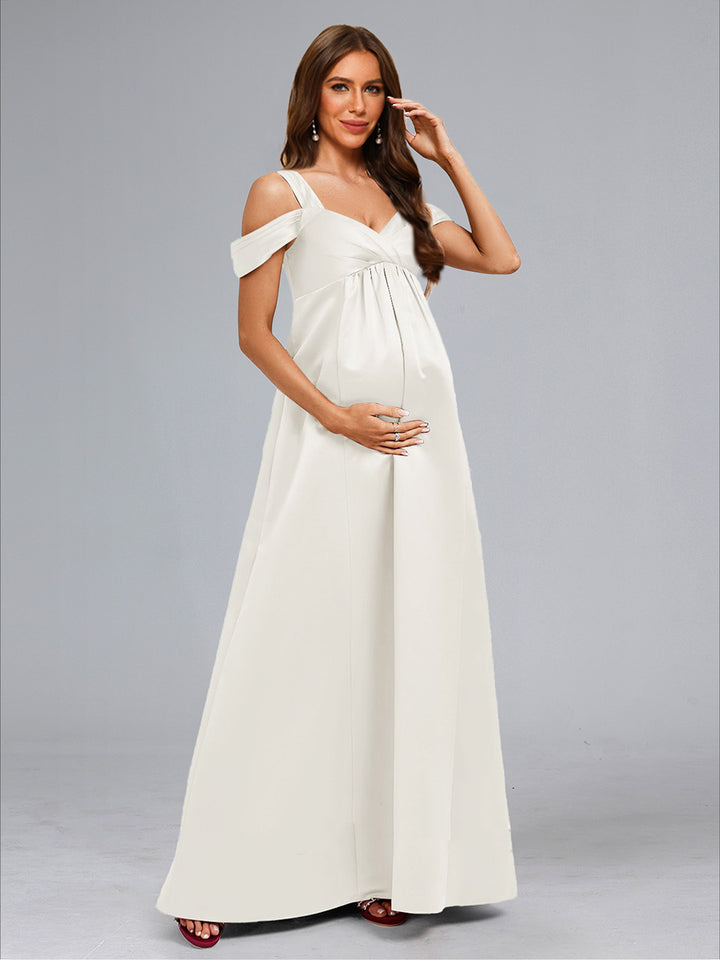 A-Line/Princess Cold Shoulder Floor-Length Maternity Wedding Dresses with Button