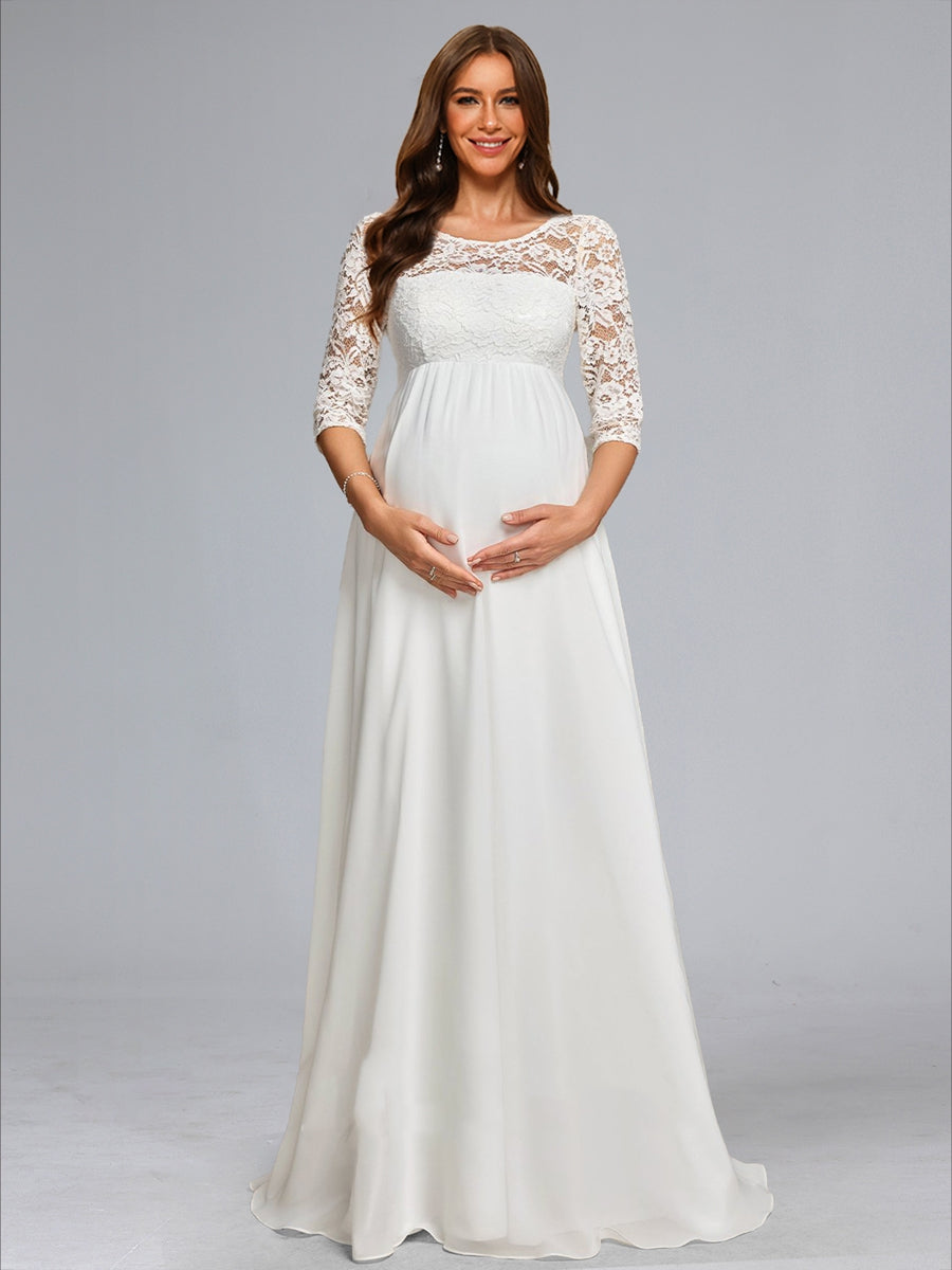 A-Line/Princess Scoop Neck Floor-Length Chiffon Maternity Wedding Dresses with Lace