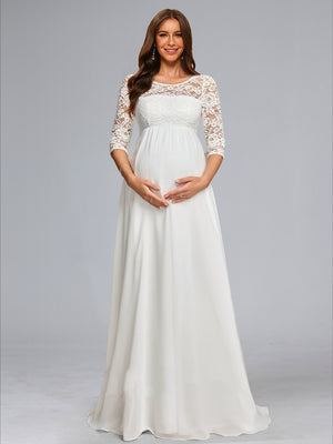 A-Line/Princess Scoop Neck Floor-Length Chiffon Baby Shower Wedding Dresses with Lace