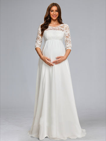 A-Line/Princess Scoop Neck Floor-Length Chiffon Baby Shower Wedding Dresses with Lace