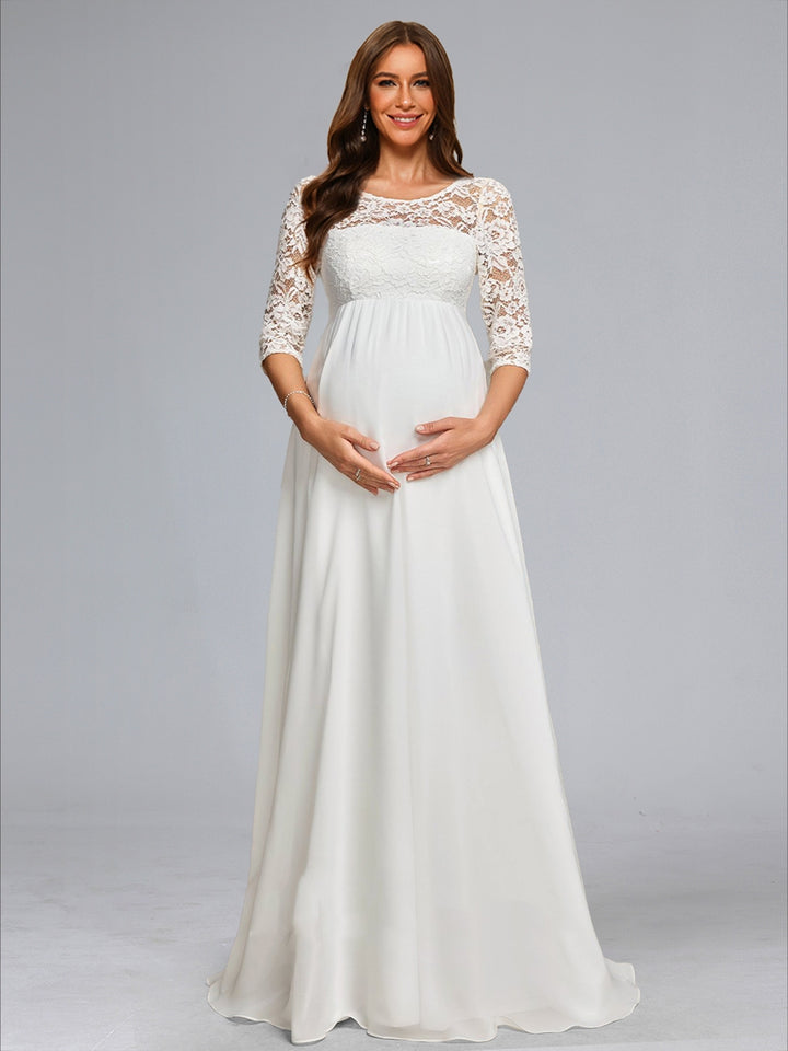 A-Line/Princess Scoop Neck Floor-Length Chiffon Maternity Wedding Dresses with Lace