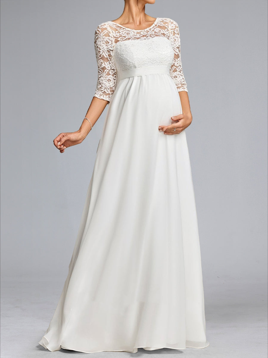 A-Line/Princess Scoop Neck Floor-Length Chiffon Maternity Wedding Dresses with Lace