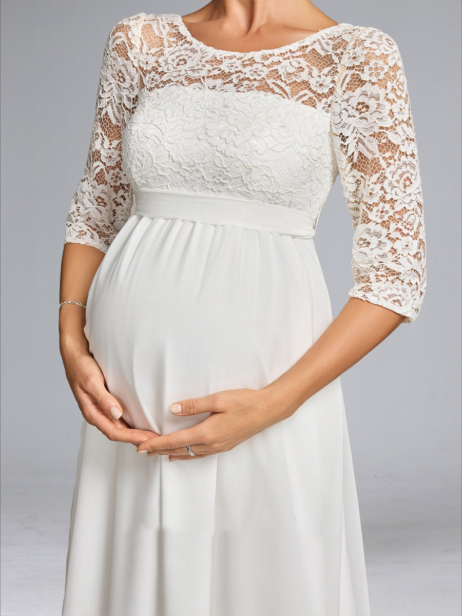 A-Line/Princess Scoop Neck Floor-Length Chiffon Maternity Wedding Dresses with Lace