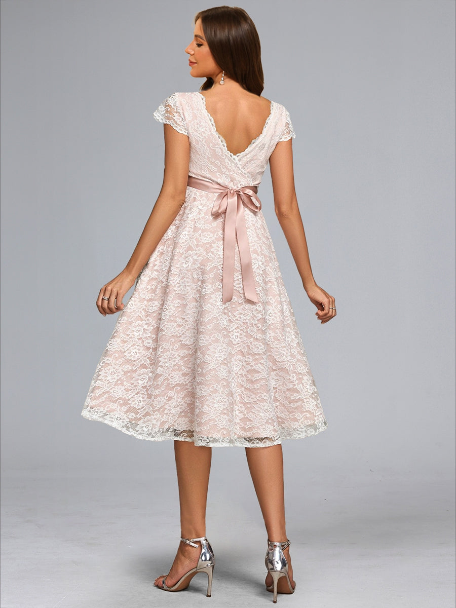 A-Line/Princess V-Neck Knee-Length Lace Baby Shower Wedding Dresses with Sash