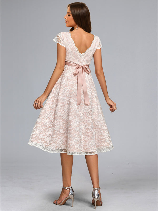 A-Line/Princess V-Neck Knee-Length Lace Baby Shower Wedding Dresses with Sash