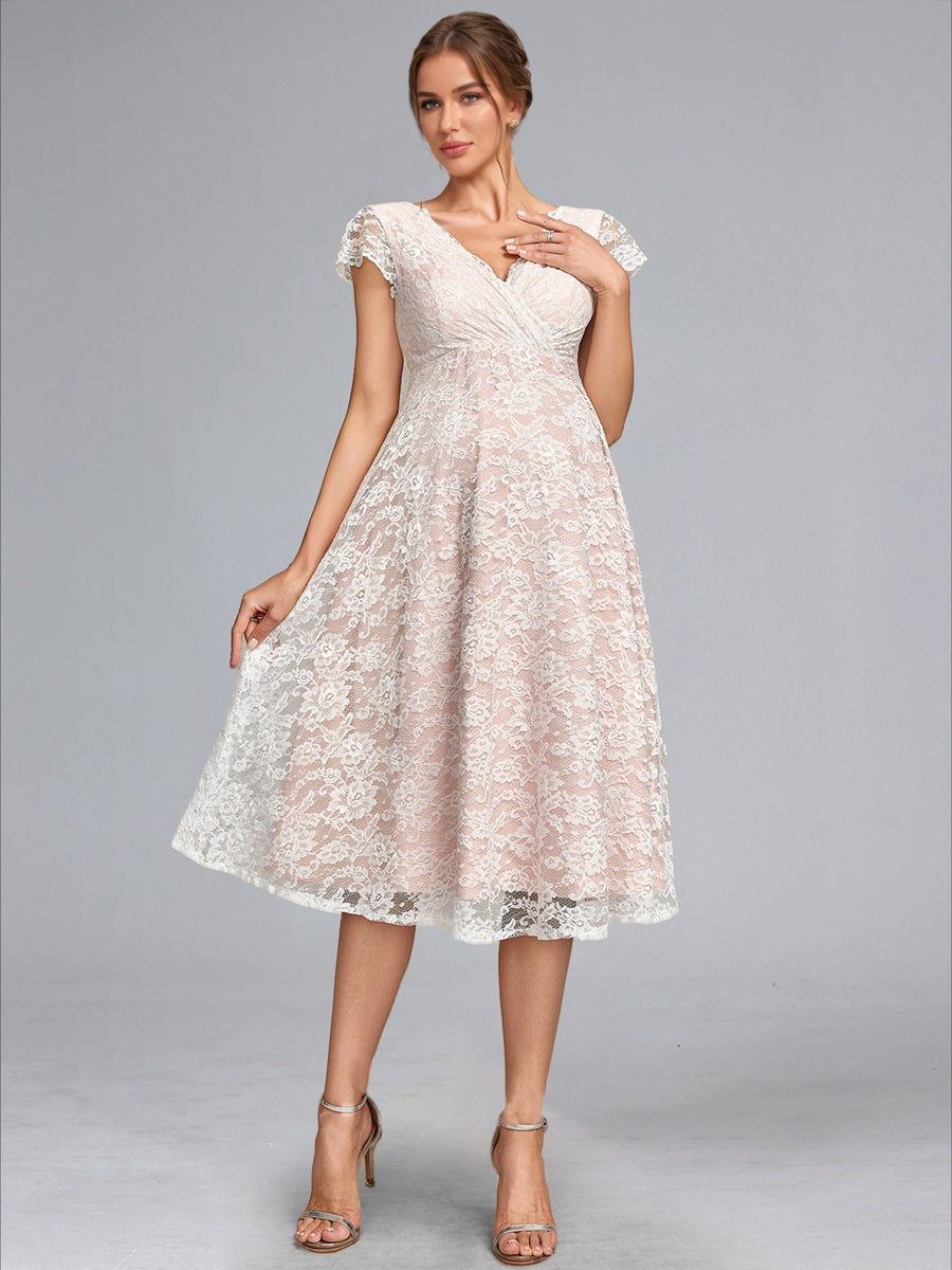 A-Line/Princess V-Neck Knee-Length Lace Maternity Wedding Dresses with Sash