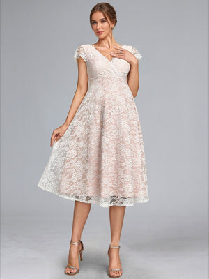 A-Line/Princess V-Neck Knee-Length Lace Baby Shower Wedding Dresses with Sash