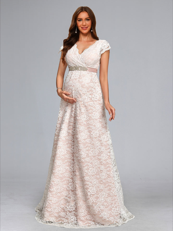 A-Line/Princess V-Neck Floor-Length Lace Maternity Wedding Dresses with Sash