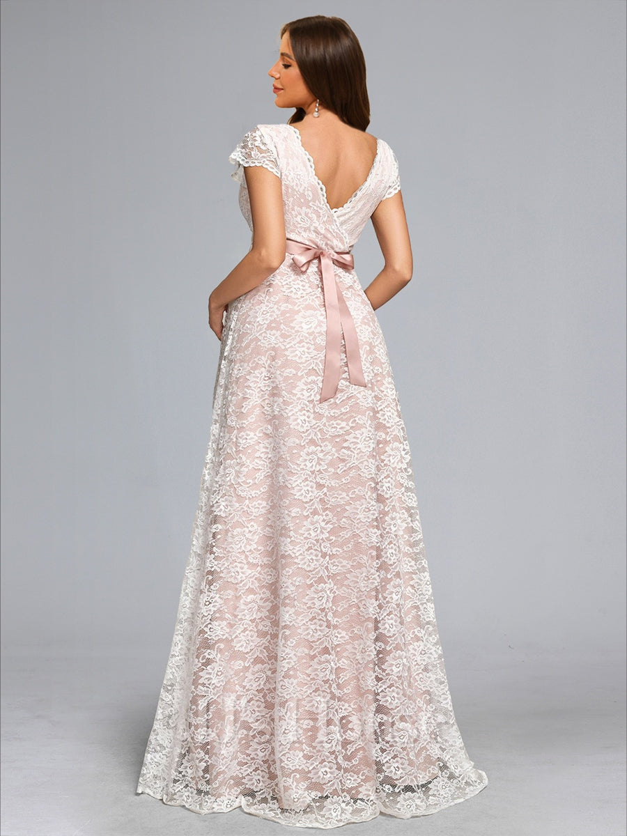 A-Line/Princess V-Neck Floor-Length Lace Maternity Wedding Dresses with Sash