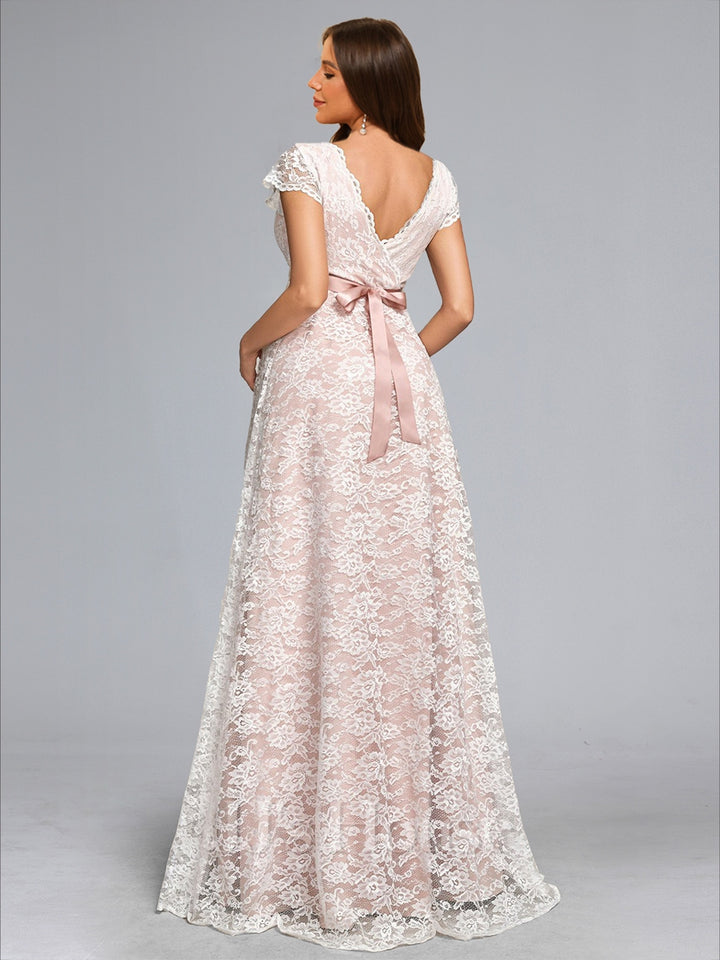 A-Line/Princess V-Neck Floor-Length Lace Maternity Wedding Dresses with Sash
