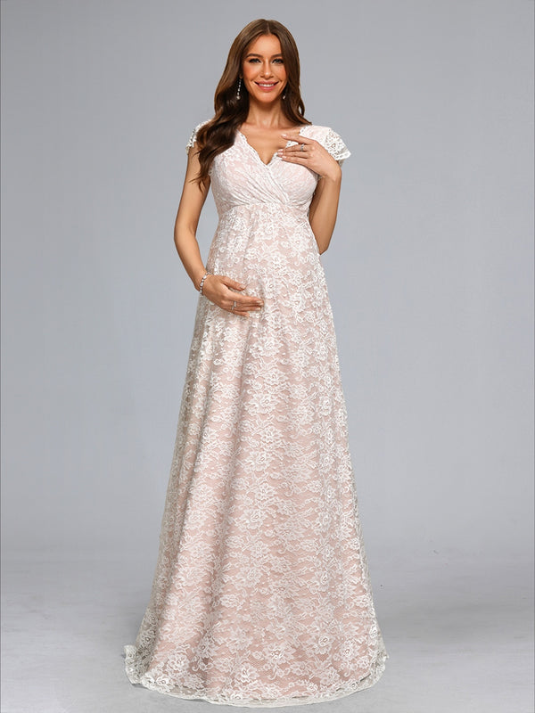 A-Line/Princess V-Neck Floor-Length Lace Baby Shower Wedding Dresses with Sash