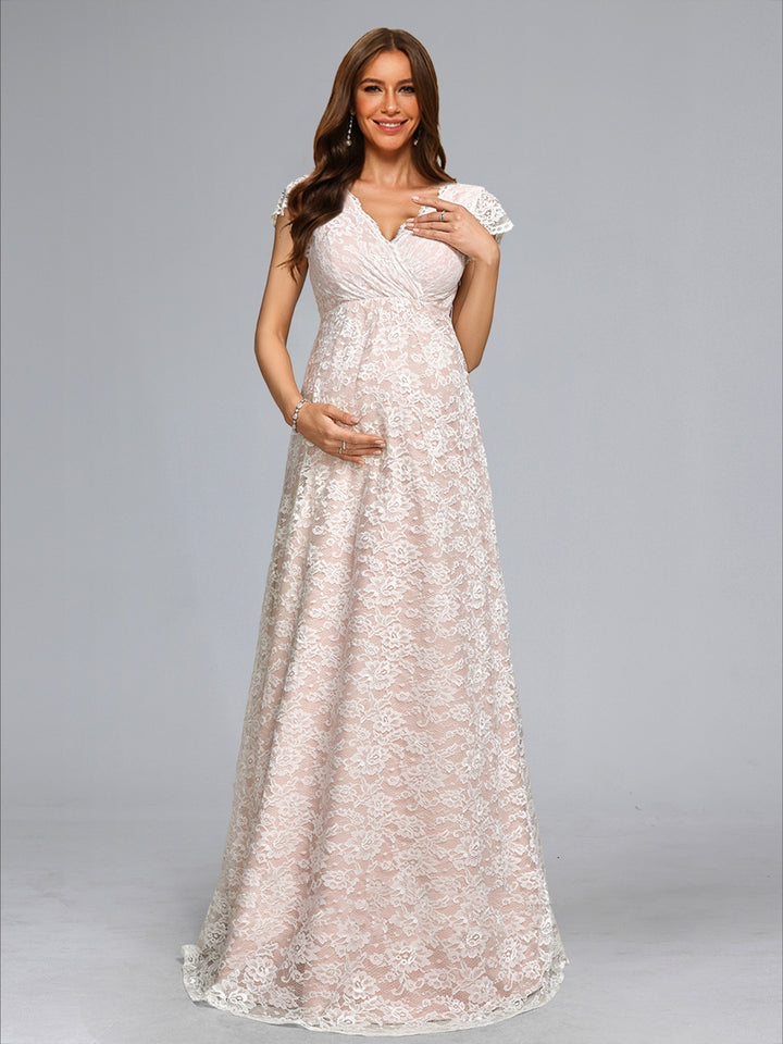 A-Line/Princess V-Neck Floor-Length Lace Maternity Wedding Dresses with Sash