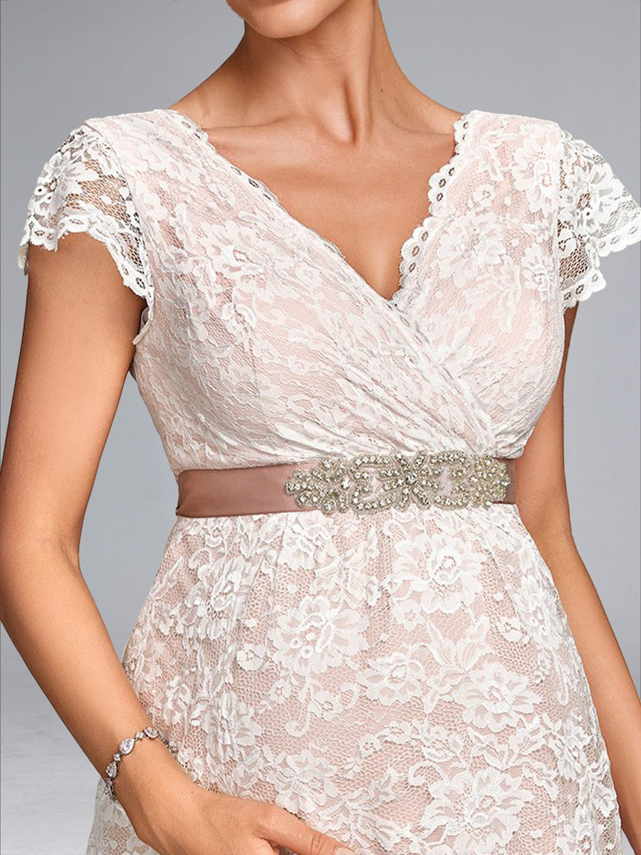 A-Line/Princess V-Neck Floor-Length Lace Maternity Wedding Dresses with Sash