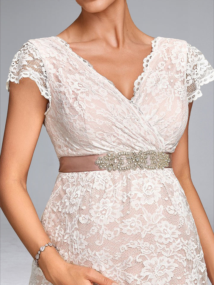 A-Line/Princess V-Neck Floor-Length Lace Maternity Wedding Dresses with Sash