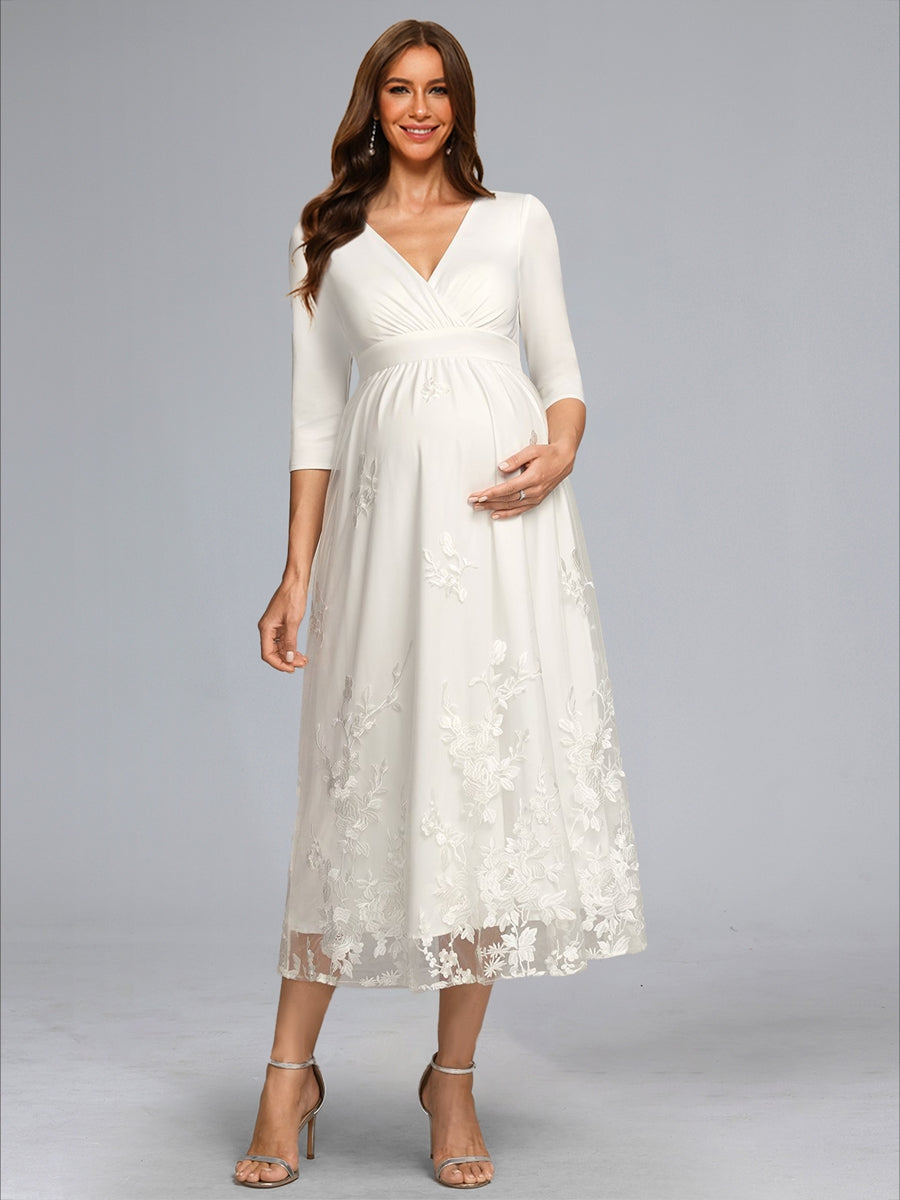 A-Line/Princess V-Neck 3/4 Sleeves Tea-Length Lace Baby Shower Wedding Dresses with Bowknot