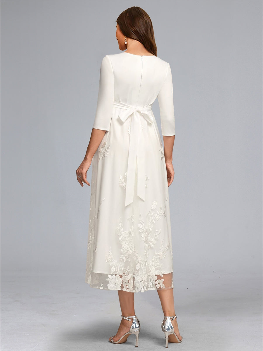 A-Line/Princess V-Neck 3/4 Sleeves Tea-Length Lace Baby Shower Wedding Dresses with Bowknot