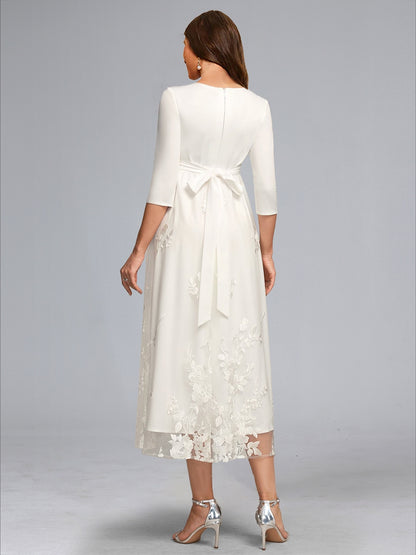 A-Line/Princess V-Neck 3/4 Sleeves Tea-Length Lace Baby Shower Wedding Dresses with Bowknot