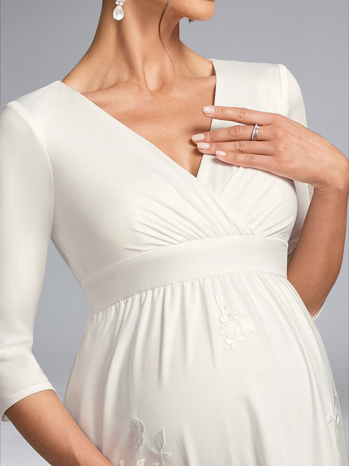 A-Line/Princess V-Neck 3/4 Sleeves Tea-Length Lace Maternity Wedding Dresses with Bowknot