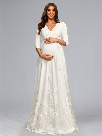 A-Line/Princess V-Neck 3/4 Sleeves Floor-Length Lace Baby Shower Wedding Dresses with Bowknot