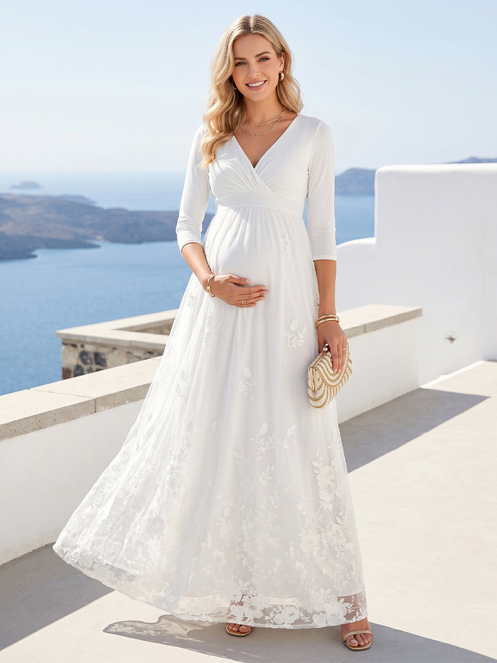 A-Line/Princess V-Neck 3/4 Sleeves Floor-Length Lace Maternity Wedding Dresses with Bowknot