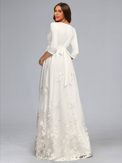 A-Line/Princess V-Neck 3/4 Sleeves Floor-Length Lace Baby Shower Wedding Dresses with Bowknot