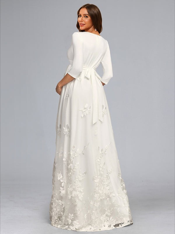 A-Line/Princess V-Neck 3/4 Sleeves Floor-Length Lace Baby Shower Wedding Dresses with Bowknot