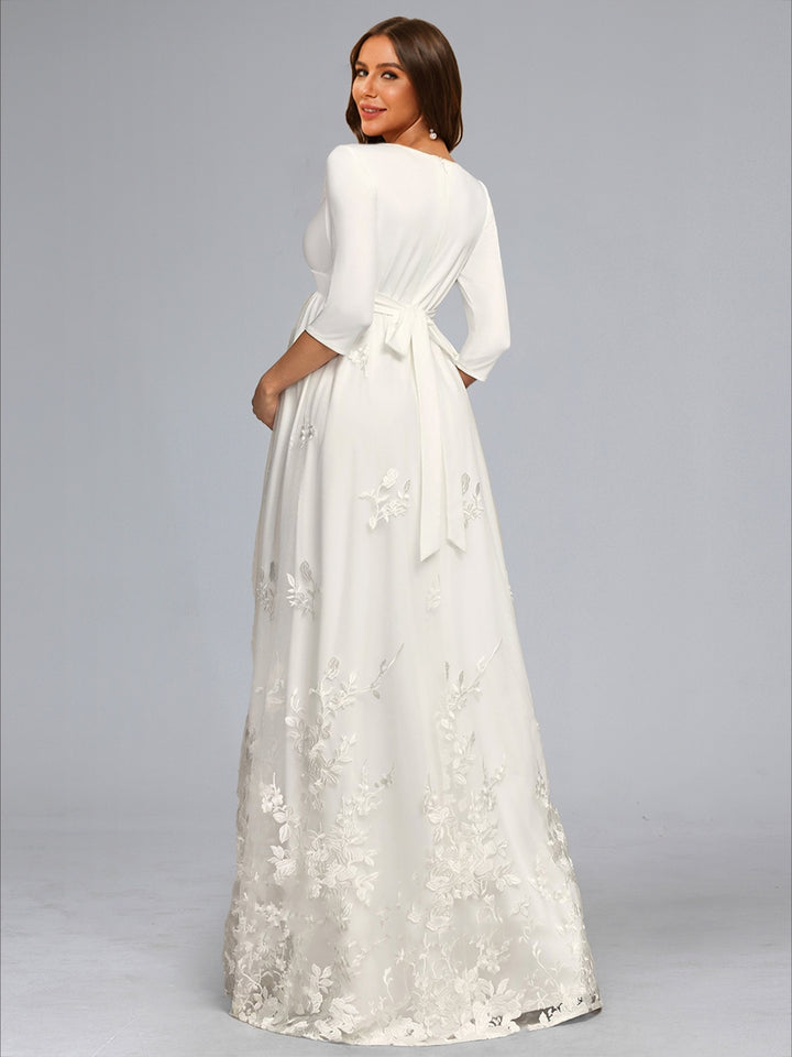 A-Line/Princess V-Neck 3/4 Sleeves Floor-Length Lace Maternity Wedding Dresses with Bowknot