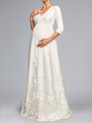 A-Line/Princess V-Neck 3/4 Sleeves Floor-Length Lace Baby Shower Wedding Dresses with Bowknot