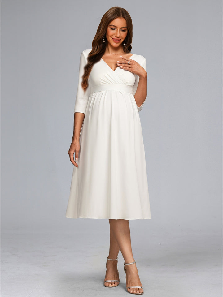 A-Line/Princess V-Neck 3/4 Sleeves Tea-Length Maternity Wedding Dresses with Bowknot