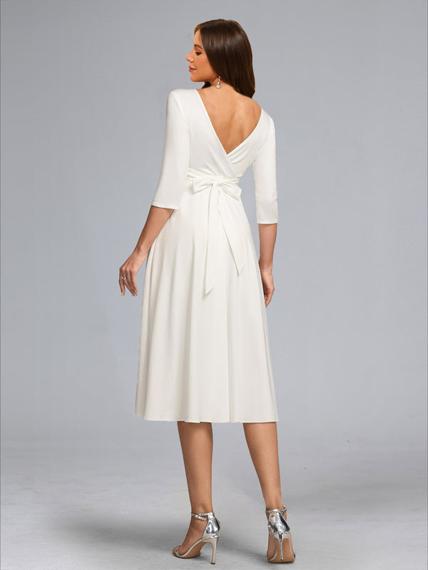 A-Line/Princess V-Neck 3/4 Sleeves Tea-Length Baby Shower Wedding Dresses with Bowknot