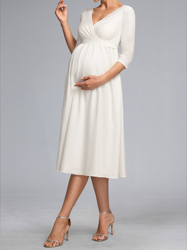 A-Line/Princess V-Neck 3/4 Sleeves Tea-Length Maternity Wedding Dresses with Bowknot