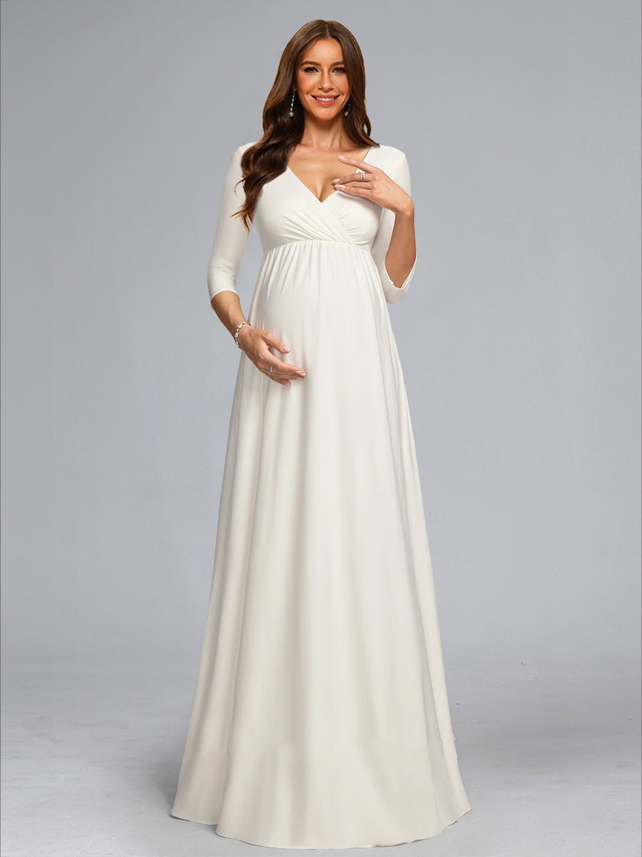 A-Line/Princess V-Neck 3/4 Sleeves Floor-Length Maternity Wedding Dresses with Bowknot